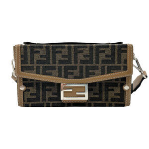 Fendi Zucca Soft Trunk Baguette Shoulder Bag Brown Canvas Leather